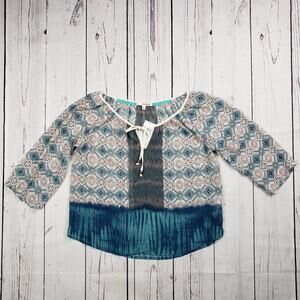 NWT Hollywould Sheer Printed Tie Bust 3/4 Sleeve Peasant Top Women's Size Small